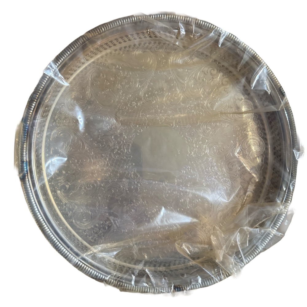International Silver Company 12 Inch Round Gallery Tray Etched Floral Vintage